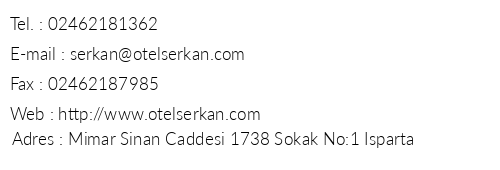 Otel Serkan telefon numaralar, faks, e-mail, posta adresi ve iletiim bilgileri